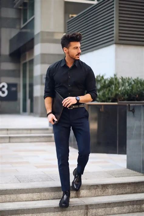 navy blue pant shirt combination.